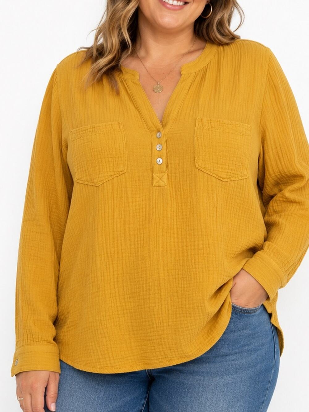 Mote Mustard Cotton Gauze Henley Top Double Gauze Long Sleeve Large Boho